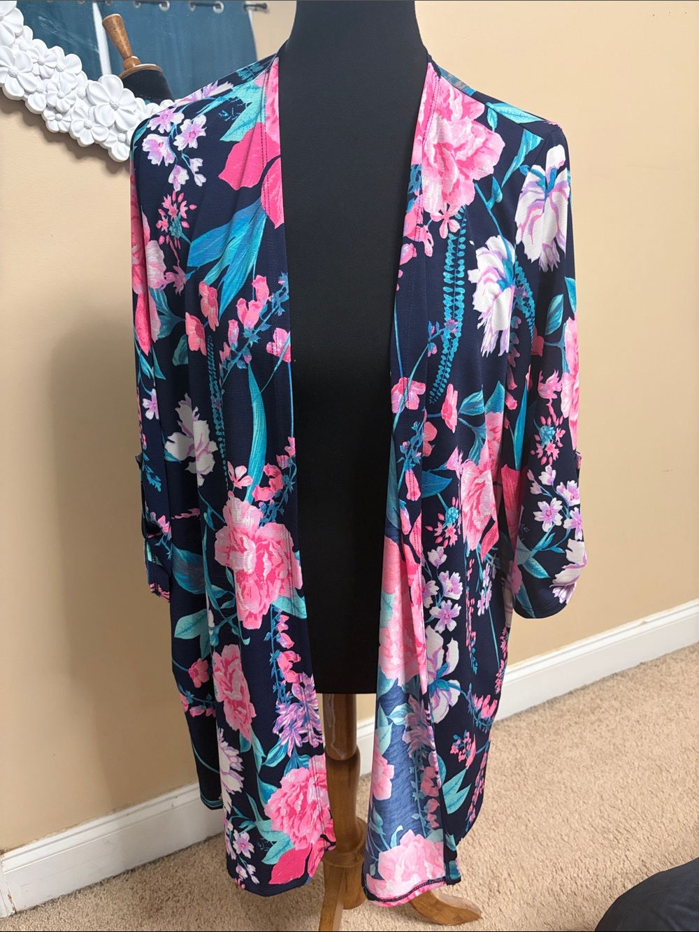Dear Scarlett Navy Floral Open-Front Cardigan with Pink Accents